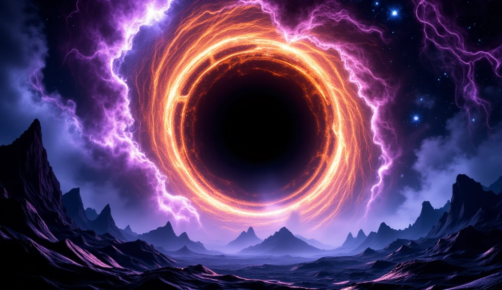 An ultra-realistic 8K scene of a massive black hole in deep space, surrounded by intensely glowing rings of light in fiery orange and electric blue tones. The black hole is perfectly centered, with visible details in the swirling rings of matter that appear to spin at high speed. In the background, a vibrant purple and blue nebula filled with bright stars and distant planets creates a mysterious and grand atmosphere. Dark alien rocks and mountains in the foreground add depth to the image, as if viewed from an extraterrestrial surface. The composition should convey power, mystery, and energy, with cinematic lighting that highlights the details and contrasts between light and shadow.