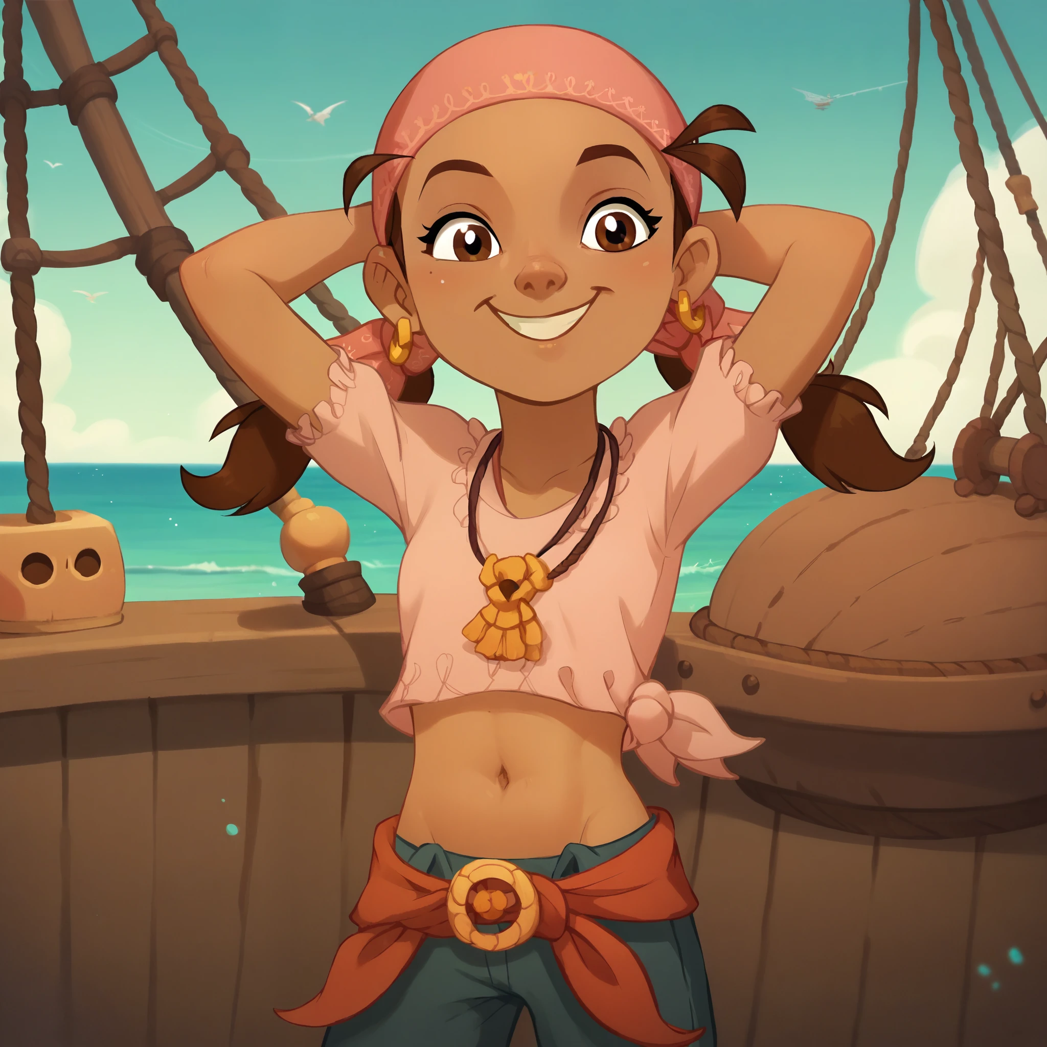 1girl, dark skin, brown hair, brown eyes, twintails, bandana, earring, visible belly button, short stature, belly button close up, full belly, hands on her belly, smiling, hands behind head, pirate ship, sea background 