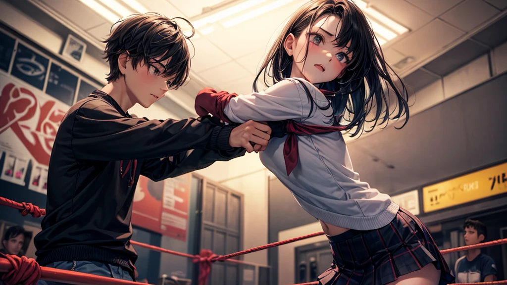 (1 boy, 1 girl), a teenager in mixed bondage wrestling with a teenager, they are about the same age, the schoolgirl wears a long pleaded skirt and a black sweater, the girl has a slightly smaller head than the boy, the girl has shoulder length hair, the boy wears casual clothes, Teenager tied up and fighting against the ropes,  puts more ropes on teenager&#39;s body, blushing boy dominated and controlled by the girl, The girl smiles and laughs and tries, to humiliate the teenager, The teenager blushes and is ashamed and grinds his teeth, he tries desperately, to free oneself, but without success, the boy struggles and twists in the ropes, The girl sits on the teenager, to prevent him from moving. She has ropes in her hands and ties the teenager&#39;s arms behind his back.,the arms of the teenage boy are completely tied behind his back in lots of ropes, the teenager looks very embarrassed and ashamed, the girl says: “You must be embarrassed” , big fight, many spectators, Ringerring,complicated rope work, Teenager blushes and embarrassed, dramatic lighing, muito detalhado, photorealestic, 8k, ​masterpiece, Teenage  vs. Teenage schoolboy, domina, Performance, control, beautiful teenage girl, detailed faces, Teenager aggressively tied up by teenage girl, lots of rope, perfect eyes, detailed faces, Winds and signs of struggle around the boy, akeno, hairbow, boy has a gag, the arms of the boy are covered in ropes, much rope, upper body of the boy completely covered in ropes, boy completely tied up and helpless,lots of rope