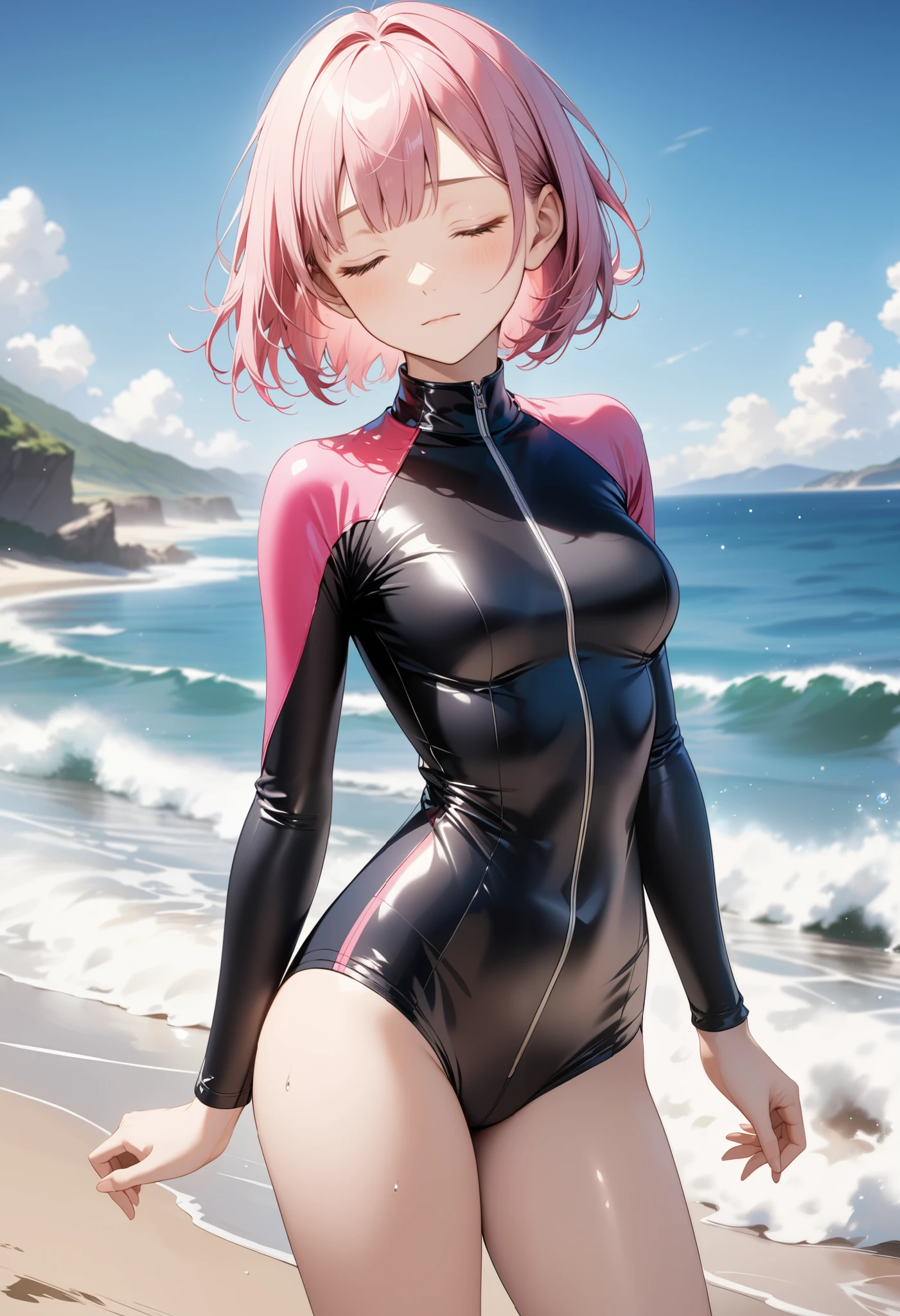 (Surfing woman), (((wetsuit))), ((Shiny Costumes)), skindentation, skinny, solo, 1 woman, Masterpiece, highest quality, highest quality, 16K, incredibly absurd, highly detailed, 2.5D, ai-generated, delicate and dynamic, very delicate facial expressions, delicate eye depiction, erotic, only sexy woman, ((A cute and kind face)), healthy figure, ((25-year-old woman)), 160cm tall, medium firm swaying bust, (short hair), (pink hair:1.5), bob cut, black eye, , blush, Sweat,Embarrassed,sexy, ((thin thighs)), (camel toe:0.7), (visible nipples:0.3), (Erect nipples,:0.7), shiny and lustrous, facing straight at viewer, (((in heat))), ((Oily_skin)), ((Lots of sweat)), (((Brown Skin))), ((dutch angle)), ((erotic pose)), (((Surfing in the midsummer sea))),