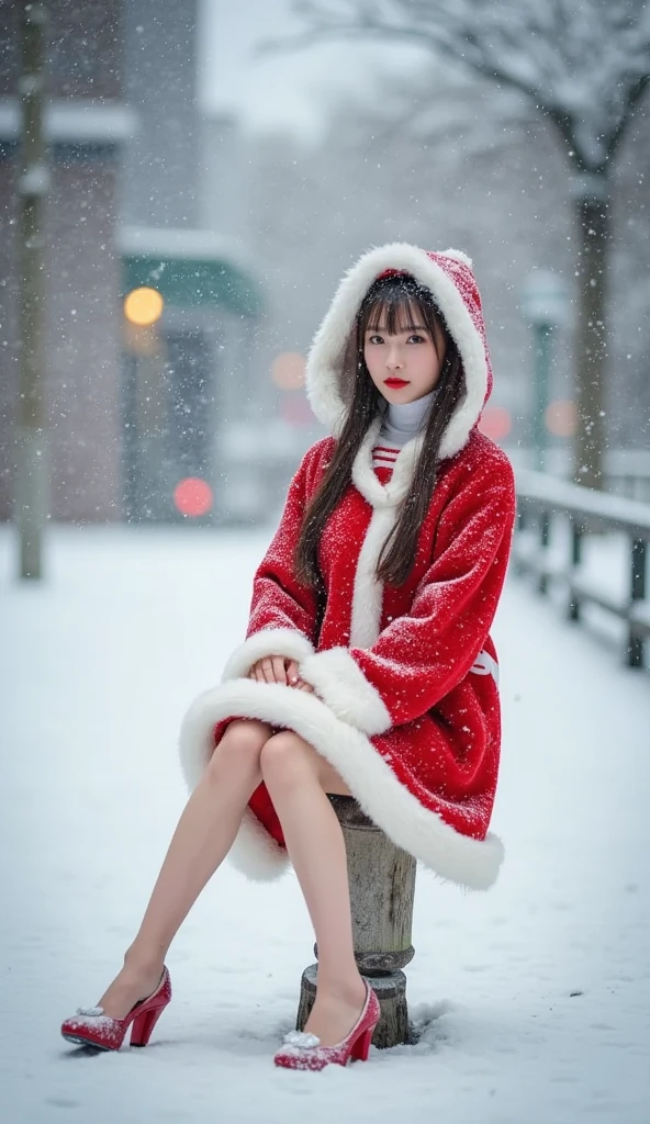 Highest quality,masterpiece,Soft Focus,dream-like,Commercial Posters,Detailed Texture,High Contrast,Clear Color,Written boundary depth,Best Angle,Beautiful woman,(True Photo Quality),shape,Very delicate and beautiful,Super Real People,(Perfect Anatomy),Snow Scene、A fragile Japanese girl in a white Santa Claus costume、Snowfall