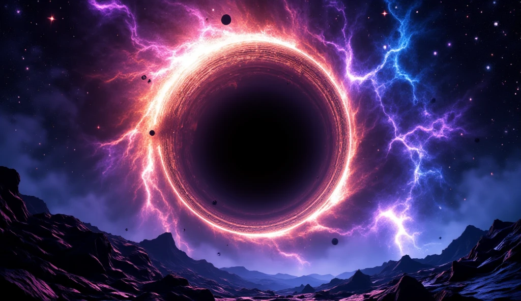 An ultra-realistic 8K scene of a massive black hole in deep space, surrounded by intensely glowing rings of light in fiery orange and electric blue tones. The black hole is perfectly centered, with visible details in the swirling rings of matter that appear to spin at high speed. In the background, a vibrant purple and blue nebula filled with bright stars and distant planets creates a mysterious and grand atmosphere. Dark alien rocks and mountains in the foreground add depth to the image, as if viewed from an extraterrestrial surface. The composition should convey power, mystery, and energy, with cinematic lighting that highlights the details and contrasts between light and shadow.