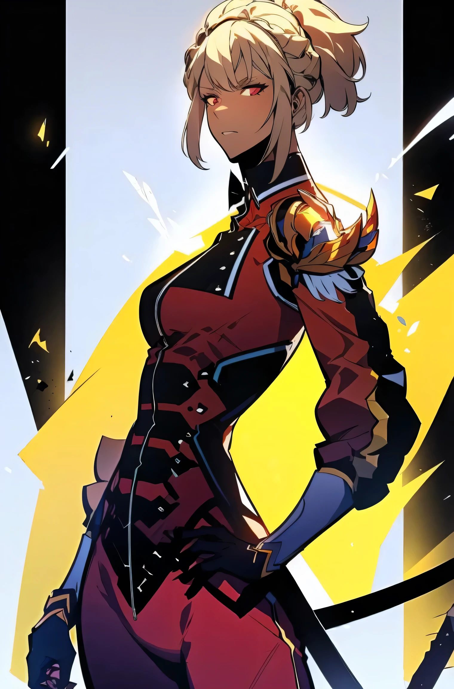 Midly Muscular darkskin woman in fantasy clothes, white short hair in a ponytail, red eyes, tight yellow jacket, yellow jacket, black cargo pant, intricate pencil sketch, expressive eyes and nose and mouth, un-zoom, highly detailed, dynamic pose, white background