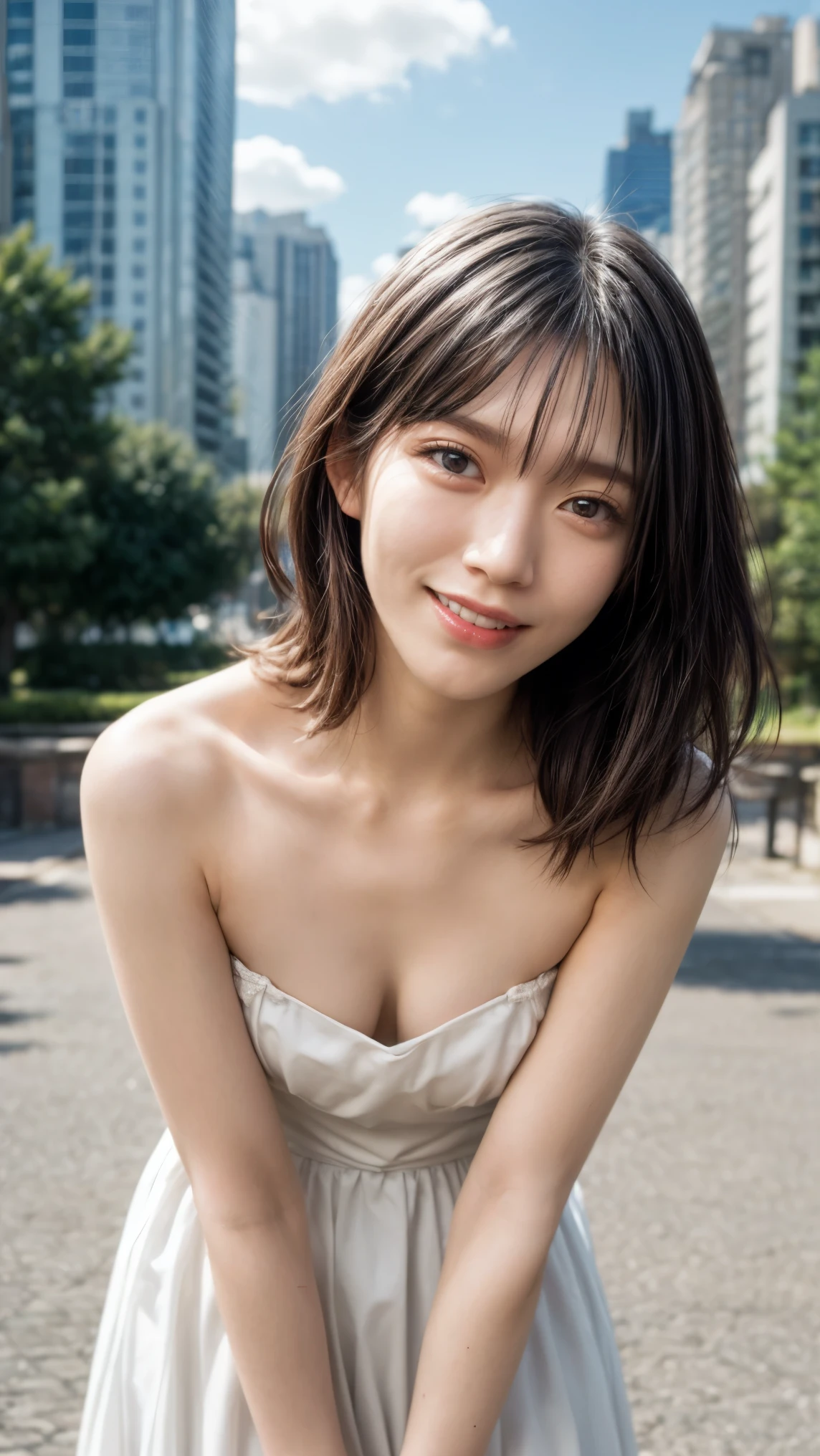 (high resolution photograph of a young Japanese female idol), (realistic, photo-realistic:1.37), (masterpiece, best quality), 8k, RAW photo, intricate details, extremely detailed, (sharp focus), cinematic lighting, gravure photography, portrait, solo, 1girl, (strapless dress, sleeveless:1.2), (face focus, close-up face, standing leaning forward, forward bending:1.5), (small breasts:1.3), dark hair, pale skin, (detailed face, detailed eyes, symmetrical eyes, beautiful pupils, sophisticated nose, smile),
photo background, outdoors, urban scape, daytime, sunny, blue sky and clouds,,,[Miu Murayama],