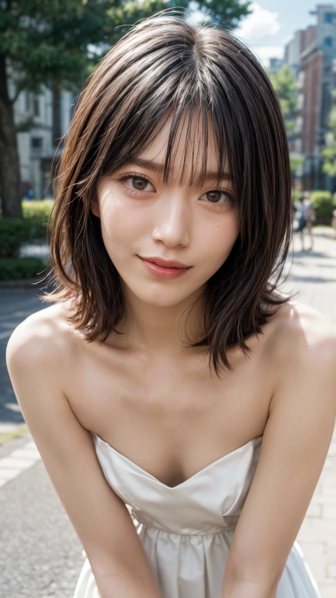 (high resolution photograph of a young Japanese female idol), (realistic, photo-realistic:1.37), (masterpiece, best quality), 8k, RAW photo, intricate details, extremely detailed, (sharp focus), cinematic lighting, gravure photography, portrait, solo, 1girl, (strapless dress, sleeveless:1.2), (face focus, close-up face, standing leaning forward, forward bending:1.5), (small breasts:1.3), dark hair, pale skin, (detailed face, detailed eyes, symmetrical eyes, beautiful pupils, sophisticated nose, smile),
photo background, outdoors, urban scape, daytime, sunny, blue sky and clouds,,,[Miu Murayama],