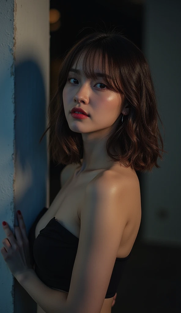 Best quality， masterpiece， Ultra-high resolution， （realistically：1.5）， RAW photos， Lovely， in the dark night， depth shadow， Low Tone， Cold Light， Sexy look,Shoulder length straight bob hair,Slim