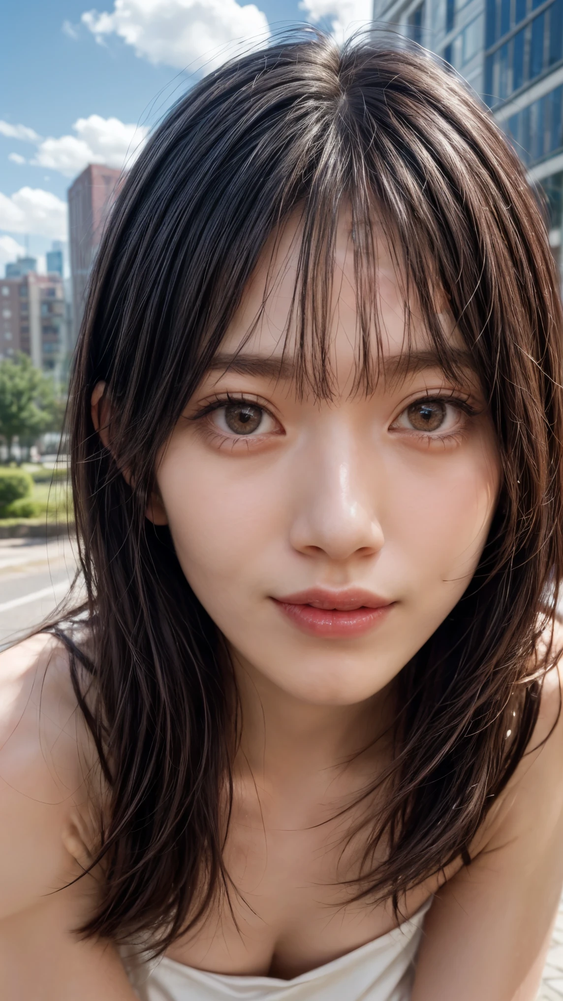 (high resolution photograph of a young Japanese female idol), (realistic, photo-realistic:1.37), (masterpiece, best quality), 8k, RAW photo, intricate details, extremely detailed, (sharp focus), cinematic lighting, gravure photography, portrait, solo, 1girl, (strapless dress, sleeveless:1.2), (face focus, close-up face, standing leaning forward, forward bending:1.5), (small breasts:1.3), dark hair, pale skin, (detailed face, detailed eyes, symmetrical eyes, beautiful pupils, sophisticated nose, smile),
photo background, outdoors, urban scape, daytime, sunny, blue sky and clouds,,,[Miu Murayama],