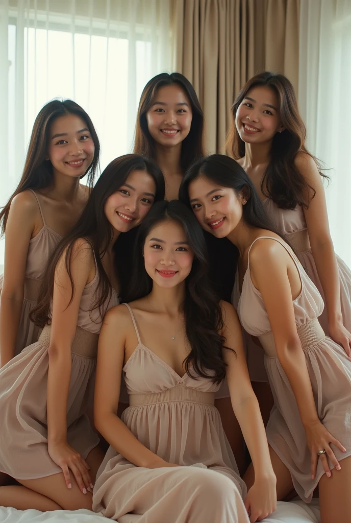 (photorealism:1.2), five beautiful Indonesian women naked, aged around 45 years old, beautiful body, great boobs, wearing loose off-shoulder top, pajama pants, long hair, Facing front, indoors, soft lighting, plants in background, window with sunlight, cozy room, relaxed pose, realistic, intricate details, warm colors, by Greg Rutkowski, by Alphonse Mucha