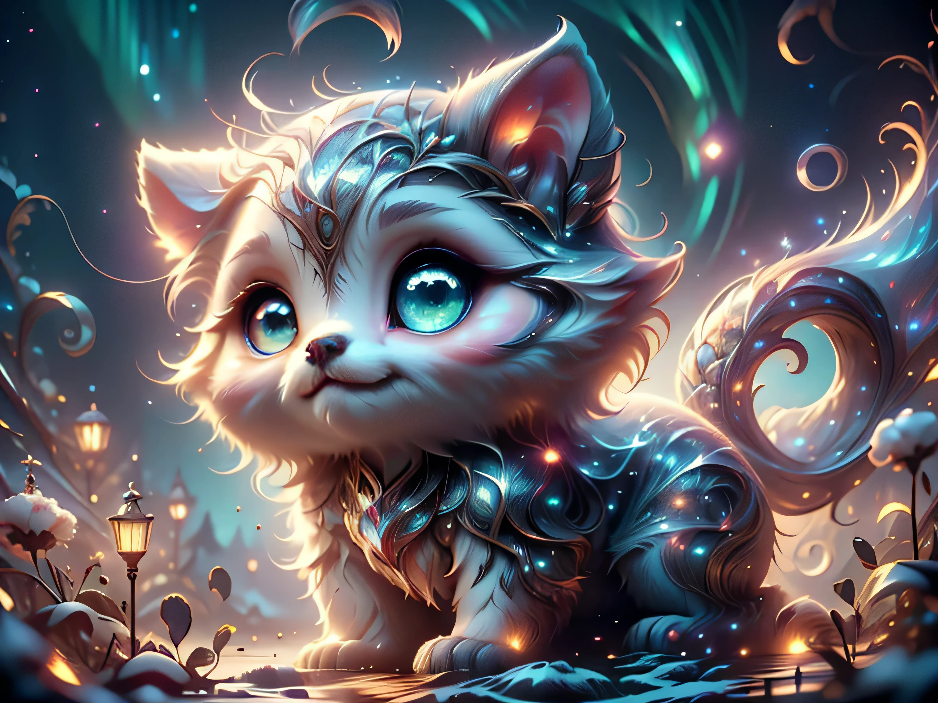 Magical Fantasy Creature, (Best Quality, Masterpiece, Representative Work, Official Art, Professional, Super Detailed, 8k:1.3), (Photorealism:1.2) Super Cute, Big Eyes, Soft, Soft Nose, Fluffy, Two-Toothed Smile, A baby white unearthly creature has big green eyes with gold sparkle, northern lights light up the night sky, magical moment, hyper-realistic digital artwork, highly detailed, Realistic, Beautiful, Soft Volumetric Light, (Backlight:1.3), (Cinematic:1.2), Intricate Details, (ArtStation:1.3), --auto --s2