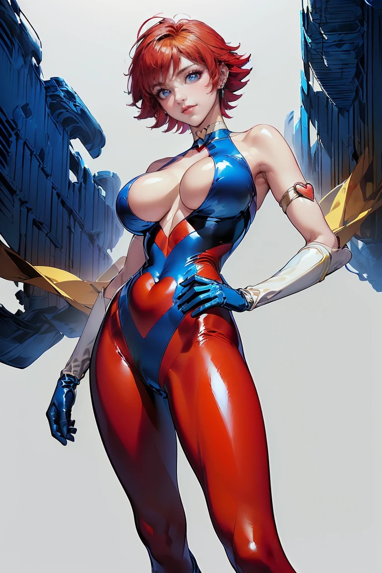 ((Masterpiece, top quality, high resolution, highly detailed CG unified 8K wallpaper)), (huge stunning goddess shot, very hot and sexy, jaw-dropping beauty, perfect proportions, beautiful body, slim body beauty:1.1), 1 woman, (cutie honey, crimson hair, short hair, big eyes, Detailed face and eyes, staring at camera:1.3), (Blue and red tight suits, Detailed latex suit, glossy, blue tops, Red from belly to legs, Detailed, midrift top, cleavage cutout, cleavage, bare shoulders, bare backs, choker with heart symbol, yellow gloves, elbow gloves, yellow  boots, long boots, armlet:1.4), hands on hips, feet spread apart, smile, Exploding buildings in the background, view from below, 