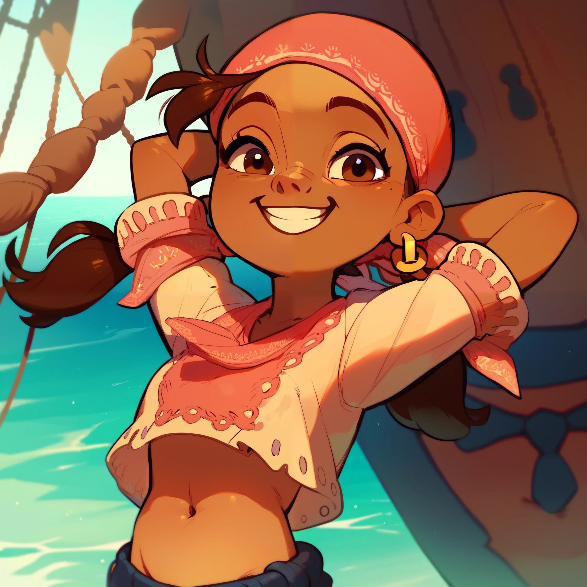 1girl, dark skin, brown hair, brown eyes, twintails, bandana, earring, visible belly button, short stature, belly button close up, full belly, hands on her belly, smiling, hands behind head, pirate ship, sea background 