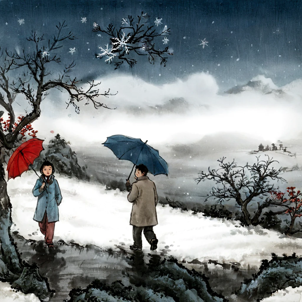 surrealist art Chinese painting,Ink Painting，ink wash painting，ink water， idyllic winter scenery in northern China ，Snowflakes are falling， Two people walking on a country road with umbrellas，red umbrella ， blue umbrella， traditional Chinese brushwork ， official art ，羊皮纸水彩Ink Painting，Minimalism，Beige gray ，Rice paper texture， Very high resolution details,photographic, Extremely Realistic ,Fine texture, Incredibly realistic 