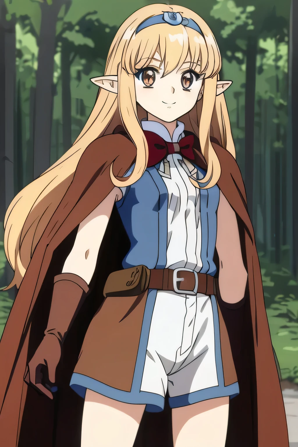 Ai shindou, masterpiece, Best Quality, Elf ,long hair, floating hair, blonde hair, blue sea eye, deeper eyes, elf ears, hoods, Brown cloak, blue lightly tunic, gloves, Belt bag, Brown shorts, Cowboy Shot, cute smile, forest, Looking at Viewer,Hold the bow and arrow