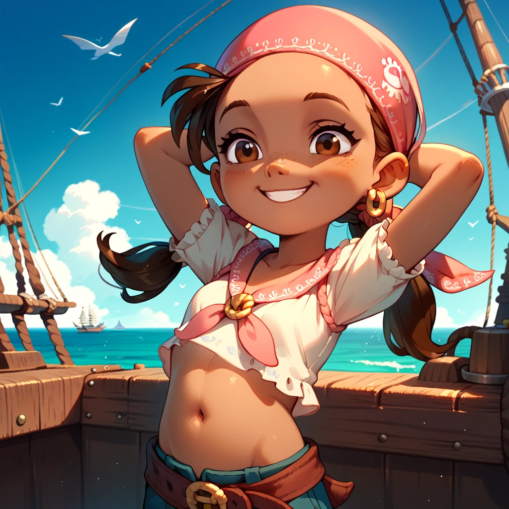 1girl, dark skin, brown hair, brown eyes, twintails, bandana, earring, visible belly button, short stature, belly button close up, full belly, hands on her belly, smiling, hands behind head, pirate ship, sea background 