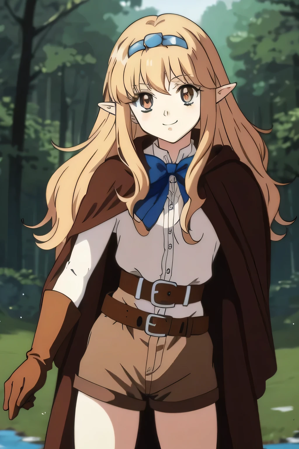 Ai shindou, masterpiece, Best Quality, Elf ,long hair, floating hair, blonde hair, blue sea eye, deeper eyes, elf ears, hoods, Brown cloak, blue lightly tunic, gloves, Belt bag, Brown shorts, Cowboy Shot, cute smile, forest, Looking at Viewer,Hold the bow and arrow