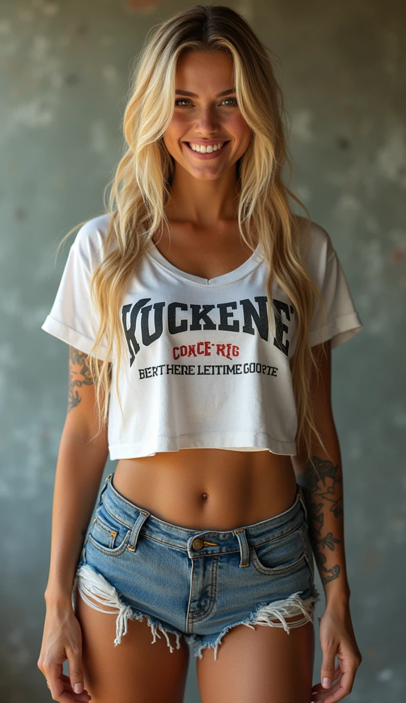 Full body shot of a muscular female college girl with large breasts and a large butt, a dark buzz cut, pale skin, freckles and blue eyes and no makeup wearing tight jeans, a white t shirt and a baseball jersey at a bar