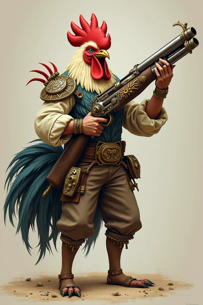 Create a un perosnaje para un video juego 2d ,rooster smoking a cigar and make him look angry his teeth are veined full body is muscular 4K HD full color full body and with a weapon --auto --s2