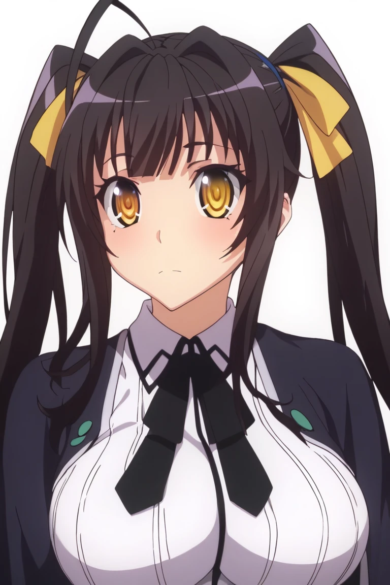 nsfw,best quality, masterpiece, highres, score_9, score_8_up, score_7_up, source_anime,high school dxd,nurakami,dark brown hair, medium hair, ((two side up)),yellow ribbon, yellow eyes,blunt bangs, ****,big breasts,,white background, 