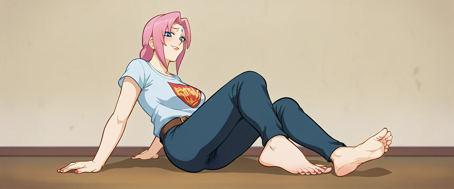 (Caucasian ethnicity) masterpiece, 4k,  lyrics, Tsunade, barefoot, 2 mujeres con pants, Alone, At home, pants, usando pants de artes marciales holgados, no puede evitar masturbarse con sus pants de artes marciales puestos,  sitting masturbating her vagina with her legs spread , Feels rich ,  think it's good to masturbate , He masturbates looking at pictures of feet , pictures of feet in her hand 