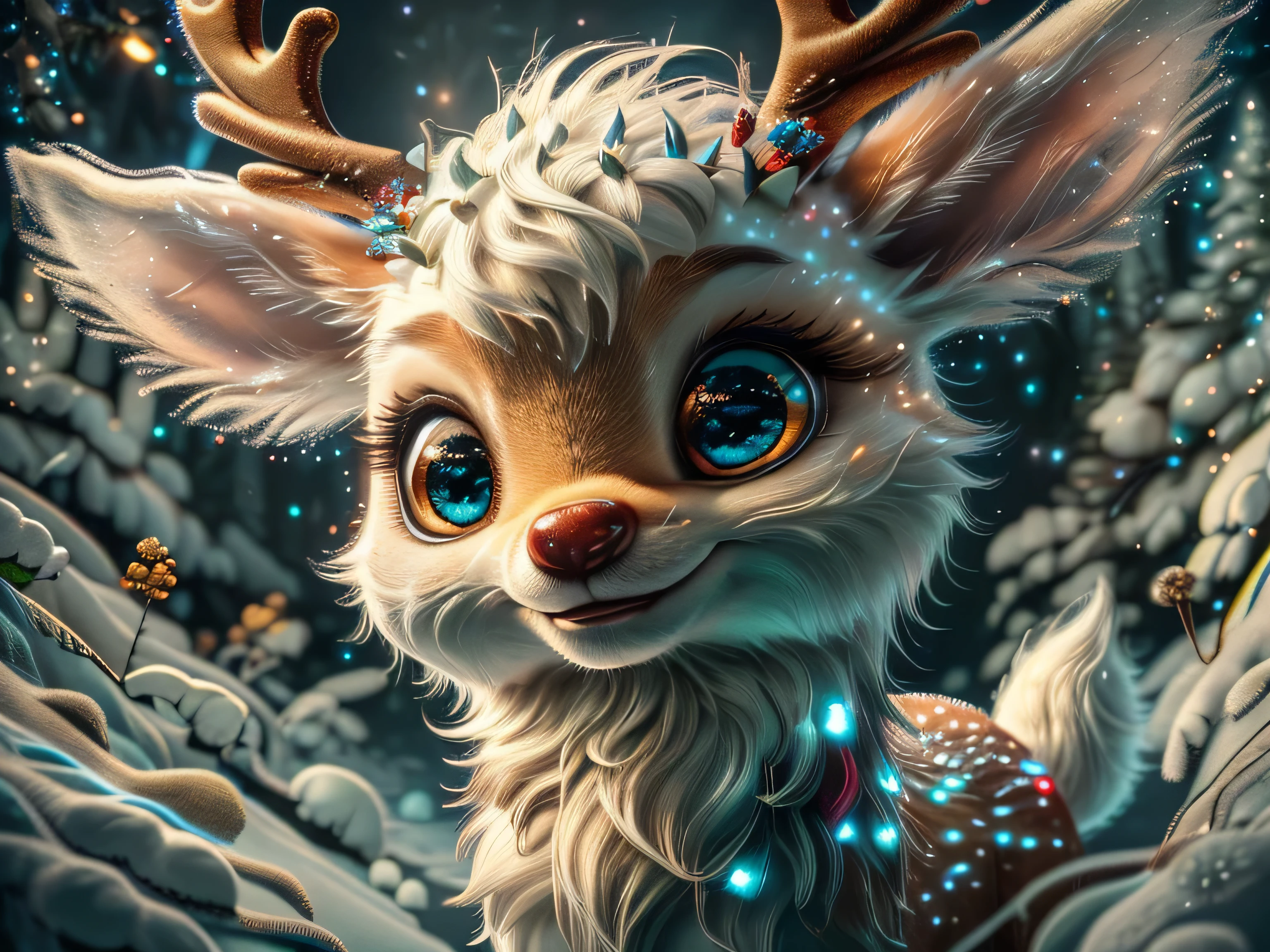 Magical Fantasy Creature, (Best Quality, Masterpiece, Representative Work, Official Art, Professional, Super Detailed, 8k:1.3), (Photorealism:1.2) Super Cute, Big Eyes, Soft, Soft Nose, Fluffy, Double-Toothed Smile, Aurorastyle, Highly detailed Dynamic shot of majestic adorable baby reindeer, high quality, beautiful masterpiece, fantasy creature, kawaii, digital art, glowing sparkles, Realistic, Beautiful, Stars in Eyes, Soft Volumetric Light, (Backlight:1.3), (Cinematic:1.2), Intricate Details, (ArtStation:1.3), --auto --s2