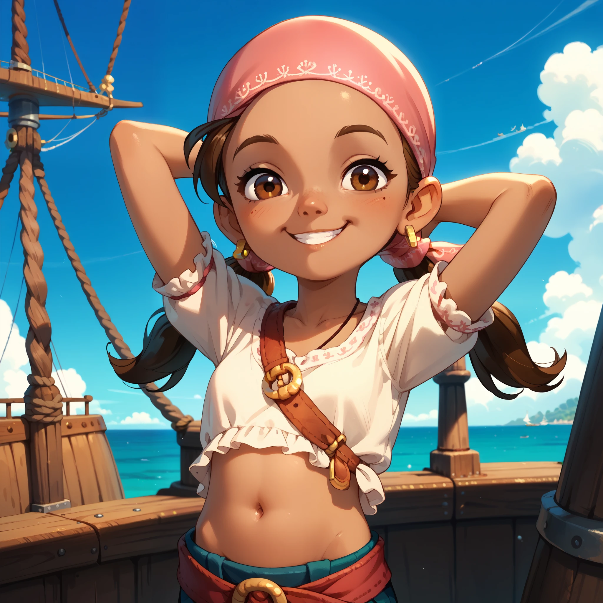 1girl, dark skin, brown hair, brown eyes, twintails, bandana, earring, visible belly button, short stature, belly button close up, full belly, hands on her belly, smiling, hands behind head, pirate ship, sea background 