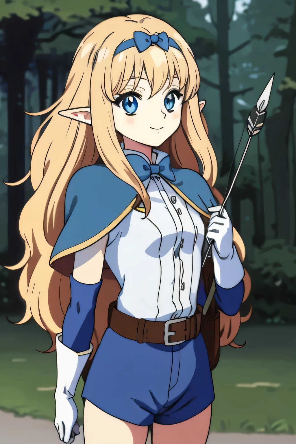 Ai shindou, masterpiece, Best Quality, Elf ,long hair, floating hair, blonde hair, blue sea eye, deeper eyes, elf ears, hoods, blue cloak, blue lightly tunic, gloves, Belt bag, blue shorts, Cowboy Shot, cute smile, forest, Looking at Viewer,Hold the bow and arrow