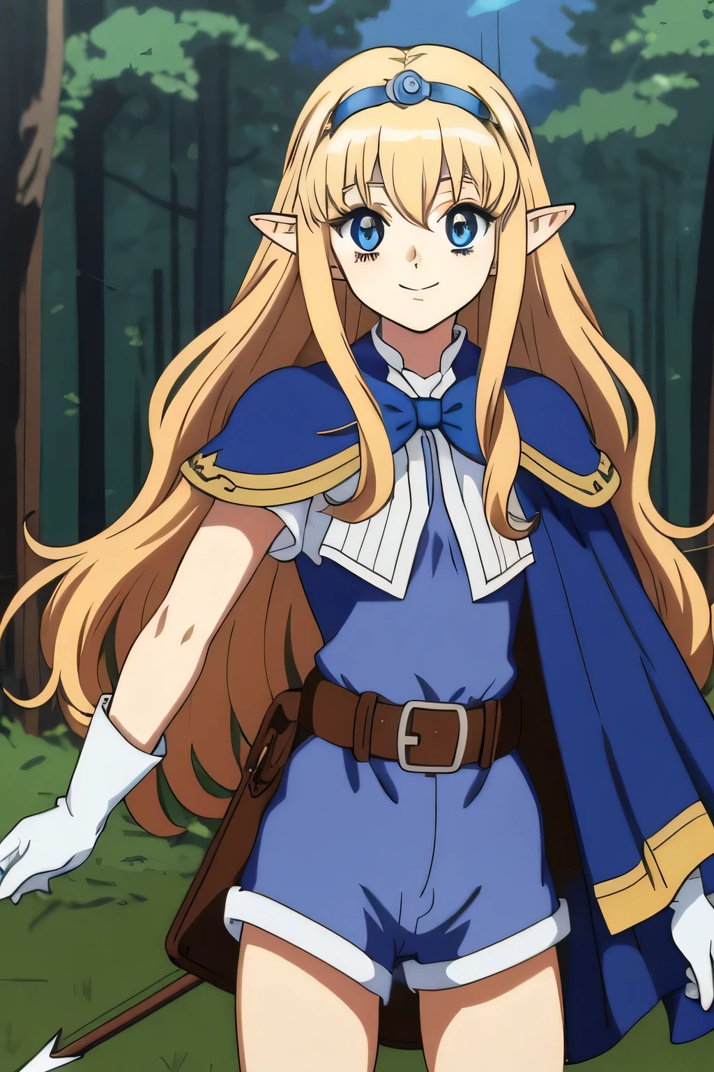 Ai shindou, masterpiece, Best Quality, Elf ,long hair, floating hair, blonde hair, blue sea eye, deeper eyes, elf ears, hoods, blue cloak, blue lightly tunic, gloves, Belt bag, blue shorts, Cowboy Shot, cute smile, forest, Looking at Viewer,Hold the bow and arrow