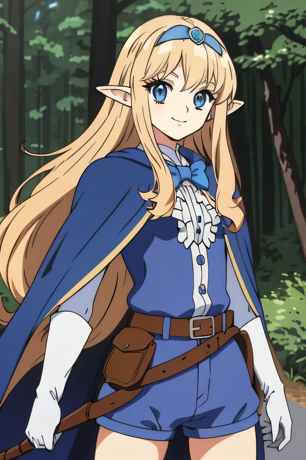 Ai shindou, masterpiece, Best Quality, Elf ,long hair, floating hair, blonde hair, blue sea eye, deeper eyes, elf ears, hoods, blue cloak, blue lightly tunic, gloves, Belt bag, blue shorts, Cowboy Shot, cute smile, forest, Looking at Viewer,Hold the bow and arrow