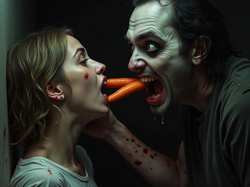 Create a horror movie cover of a crying teenage girl being forced to eat a rat, a nerdy teenager with a bloody bat and holding a Christmas hat planning to murder everyone with masks and Christmas hats and their parents in the background