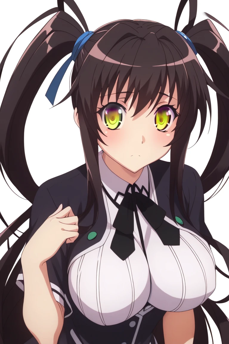 nsfw,best quality, masterpiece, highres, score_9, score_8_up, score_7_up, source_anime,high school dxd,nurakami,dark brown hair, medium hair, ((two side up)),yellow ribbon, yellow eyes,blunt bangs, ****,big breasts,,white background, 