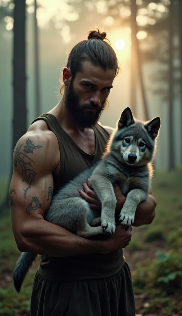 the best quality, very high resolution, detailed 4K CG, Masterpiece artwork, augur, Nordic Deuses, handsome man plus a wolf, rune tattoos, viking, Celtic mountains, tall trees, blue sky, Norse mythology, viking rune tattoo, beautiful aesthetic, Beautiful picture, There are beautiful ancient ruins in the back