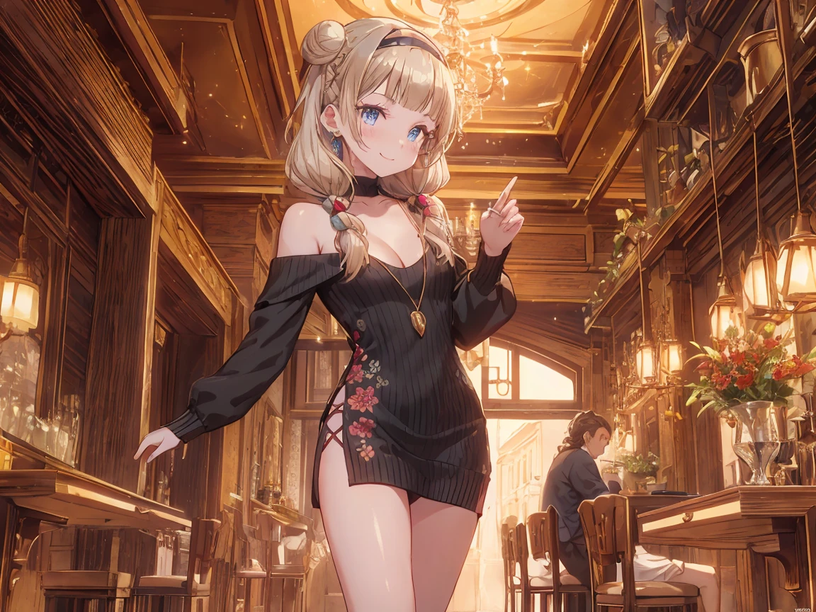 (((Masterpiece))),(((Super Detail))),(((in 8K))),(((best composition))),(((Rim lighting,Fireglow effect,deep shadow))),solo,(Hatsune Miku:1.0),Beautiful fingers,Detailed finger features,(Detailed hair features:1.7),(Dynamic and sexy bending pose:1.3),detailed facial features,detailed clothes features, (perky chest:1.1), (pointed chest:1.3), delicate beautiful face, Bright blue eyes, cute eyes, sparkling eyes, Big eyes, beautiful detailed eyes,double bun with glittering hair ornament,(super detailed glossy skin:1.3),slender body,tits,goddess smile,((with sparkling eyes and a contagious smile)),beautiful posture,have a cup of coffee,black hair, red eyes, dress, bare shoulders, jewelry, collarbone, sidelocks, hairband, earrings, indoors, off shoulder, sweater, arms behind back, plant, short hair with long locks, white hairband, off-shoulder dress, sweater dress, off-shoulder sweater, red sweater, big side hair, very long side hair,(super delicate floral pattern:1.2),seductive cleavage:1.3,beautiful glossy legs,shiny red high heels,lifting dishes with cakesd,french restaurant,hustle and bustle,rising steam,(((depth of fields)))