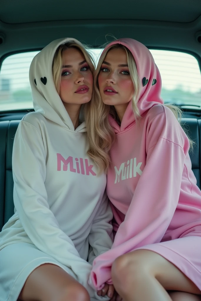 "Two busty women dressed as adorable ghosts, wearing white and pink dresses with the words 'milk' and 'milk' written on them, sit close together in the back seat of a car. Their ghost costumes feature cheerful facial expressions with black eyes and red cheeks, adding a cute and strange feel to the scene."