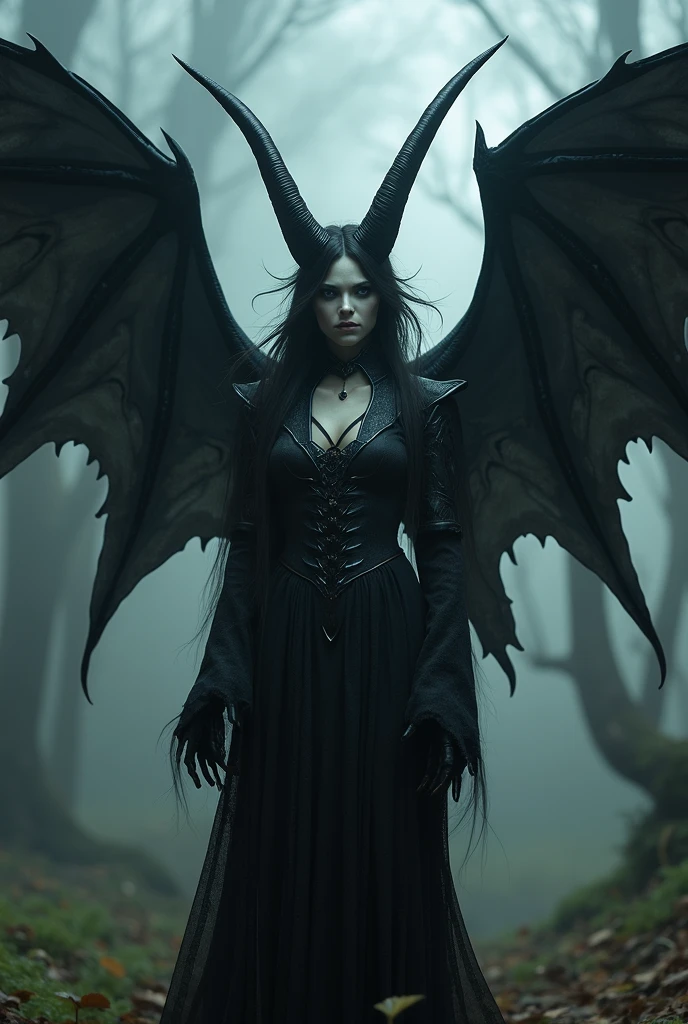Vampire, female, long dark hair, pasty pale ghastly skin, red eyes, vampire fans, very long canine teeth becoming fangs, elegant flowing renaissance era black dress, Romanian, dark castle, nighttime, moonlight, dimly lit, horror, threatening to bite you, bearing her fangs, huge leathery bat wings, close, very close, Vampire bite scene, long black obsidian horns, red-tinged skin