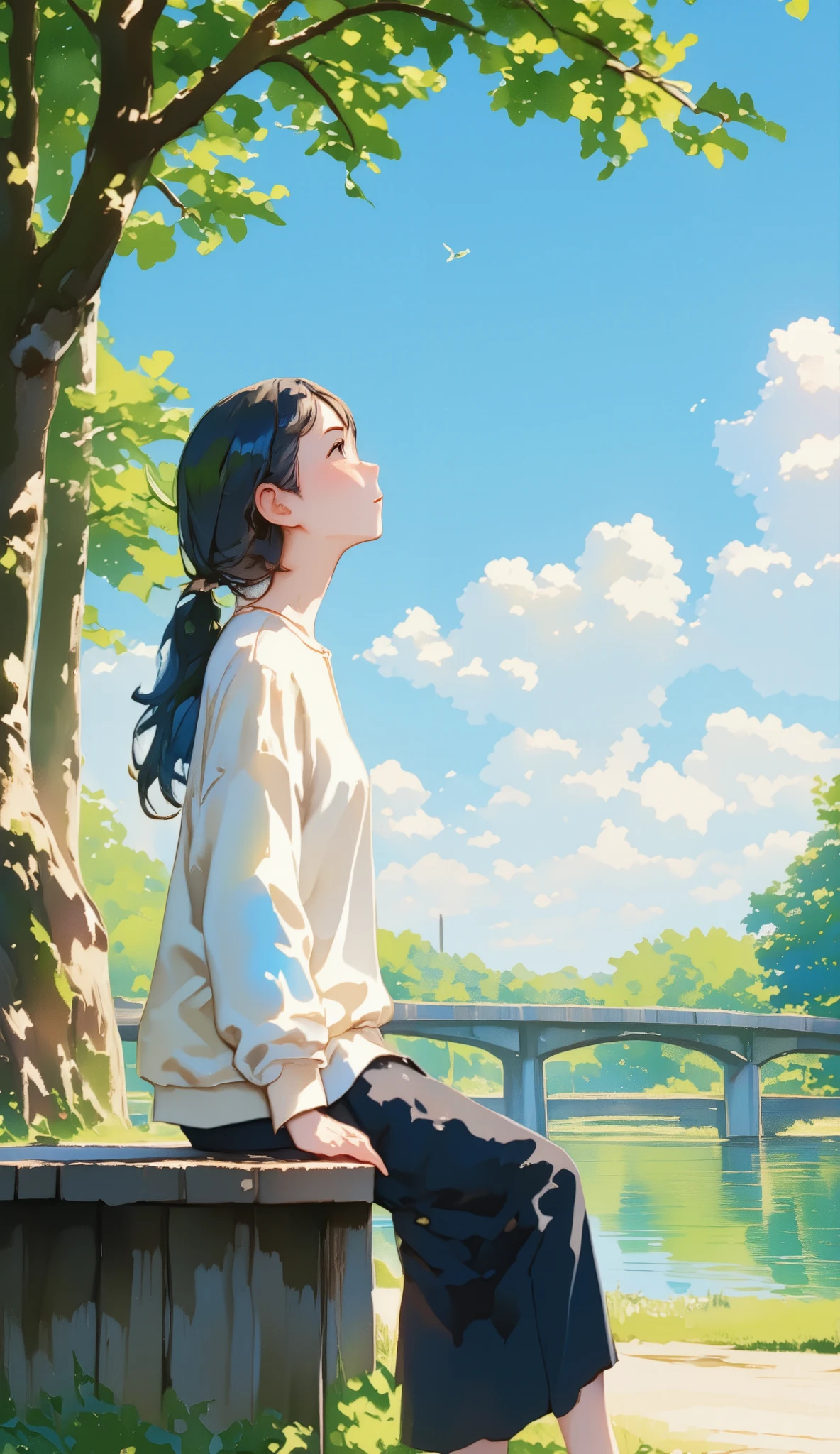 ((( sitting on a bench and looking up at the sky :1.37、girl sitting on the floor and looking up at the sky:1.2、Look at the sky:1.37)))、 one girl、 Extremely Delicate Face and Skin Textures、 white summer knitwear、 Black Long Skirt、Everyday Scenes、、Perfect harmony with nature 、 Relaxation 、((( riverside park 、 blue sky、Baiyun、Summer Day)))、Young people、Age 15、 Summer Vacation 、 best quality、masterpiece