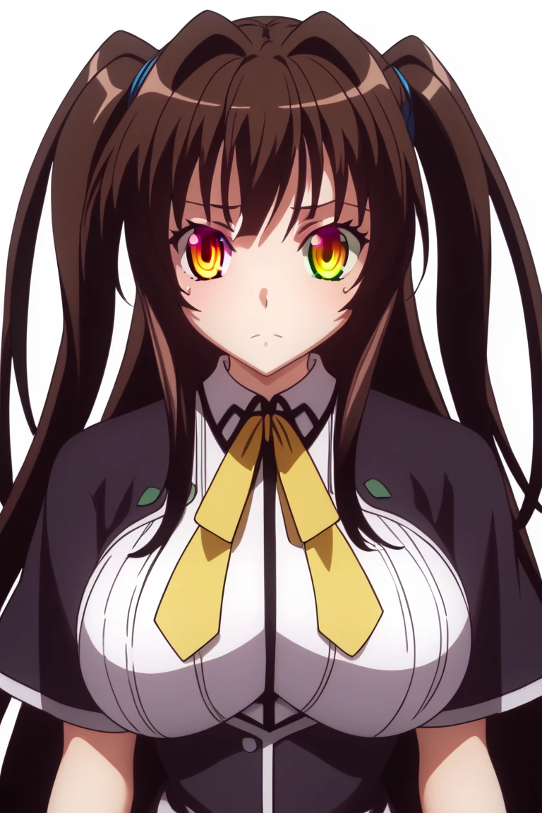 nsfw,best quality, masterpiece, highres, score_9, score_8_up, score_7_up, source_anime,high school dxd,nurakami,dark brown hair, medium hair, ((two side up)),yellow ribbon, yellow eyes,blunt bangs, ****,big breasts,,white background, 