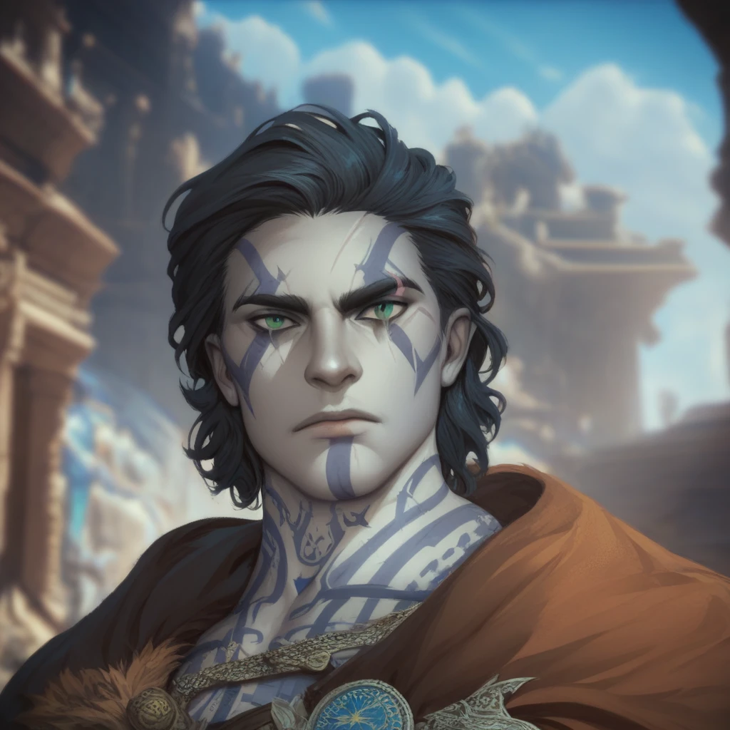 (((renaissance ))), score_9, score_8_up, score_7_up, Goliath, gray skin, tall, muscular, body tattoo, face tattoo, 1boy, green eyes, medium hair hair, brown cape with fur, blue tattoo, fantasy background, blurred background. stone skin. facial scar