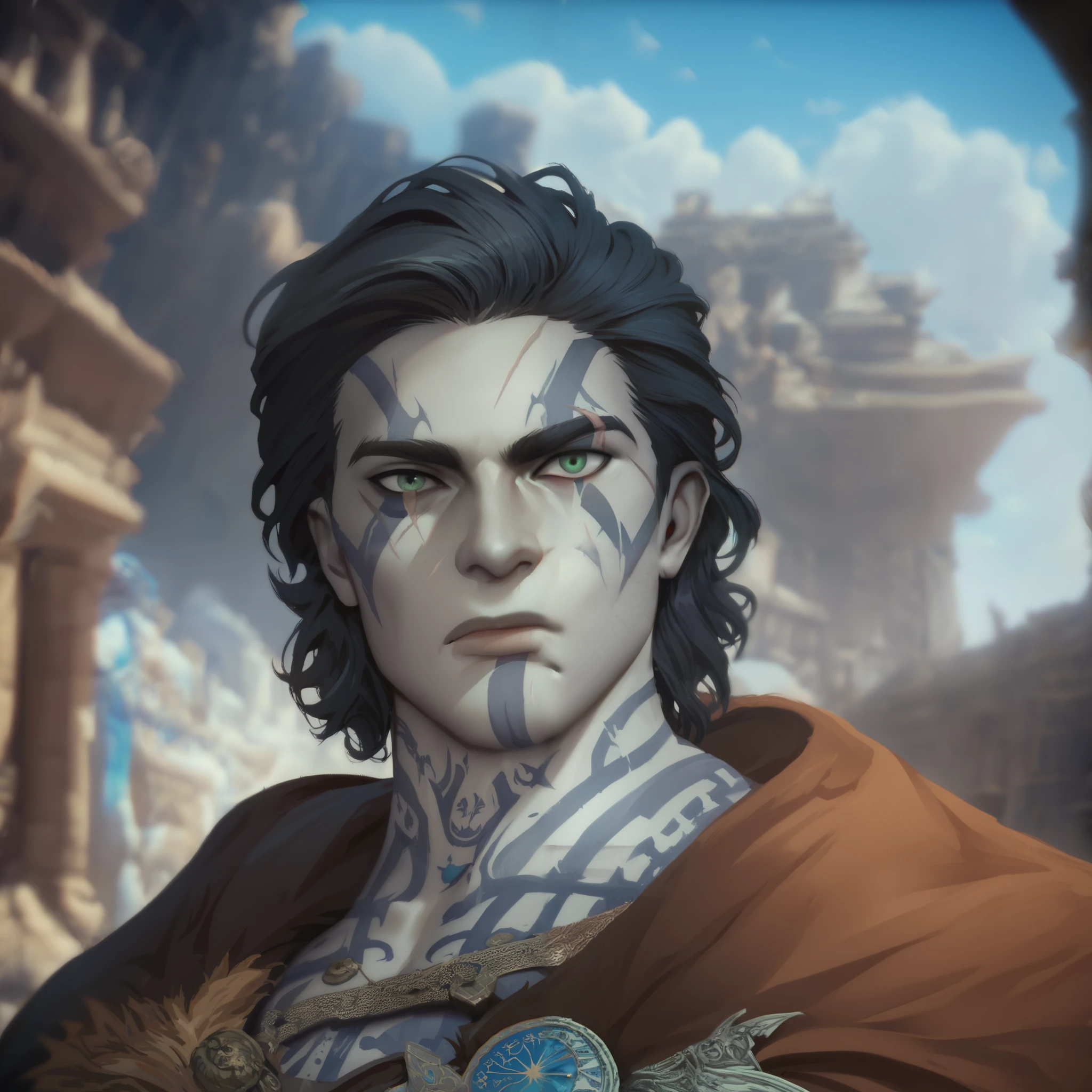 (((renaissance ))), score_9, score_8_up, score_7_up, Goliath, gray skin, tall, muscular, body tattoo, face tattoo, 1boy, green eyes, medium hair hair, brown cape with fur, blue tattoo, fantasy background, blurred background. stone skin. facial scar