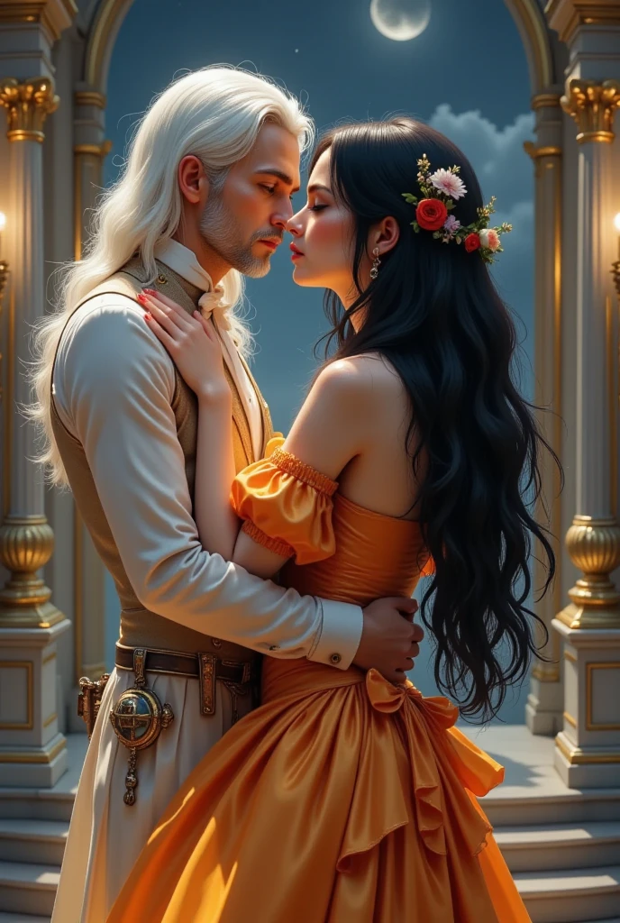  3d OCTANE RENDER UNREAL ENGINE 5 bright passionate colorful glossy digital hyperealistic painting BOOK COVER bossy handsome long-haired man of 30 years old, with white hair,  man dressed in Victorian clothes ,  watches a girl in love ,  girl wearing a silk orange dress ,  night palace ,  dress on a girl from old England  , textured , Bright, Radiant, glare,  detailed fingers , silk BLACK hair ,  right proportions , Dynamic,  Perfect Anatomy ,  PERFECT SILK SHINY HAIR , 8K HD,  good lighting quality , ( Photorealistic, masterpiece,(  Complex Details ), masterpiece:1.4, illustration, RAW photo, dark fantasy.