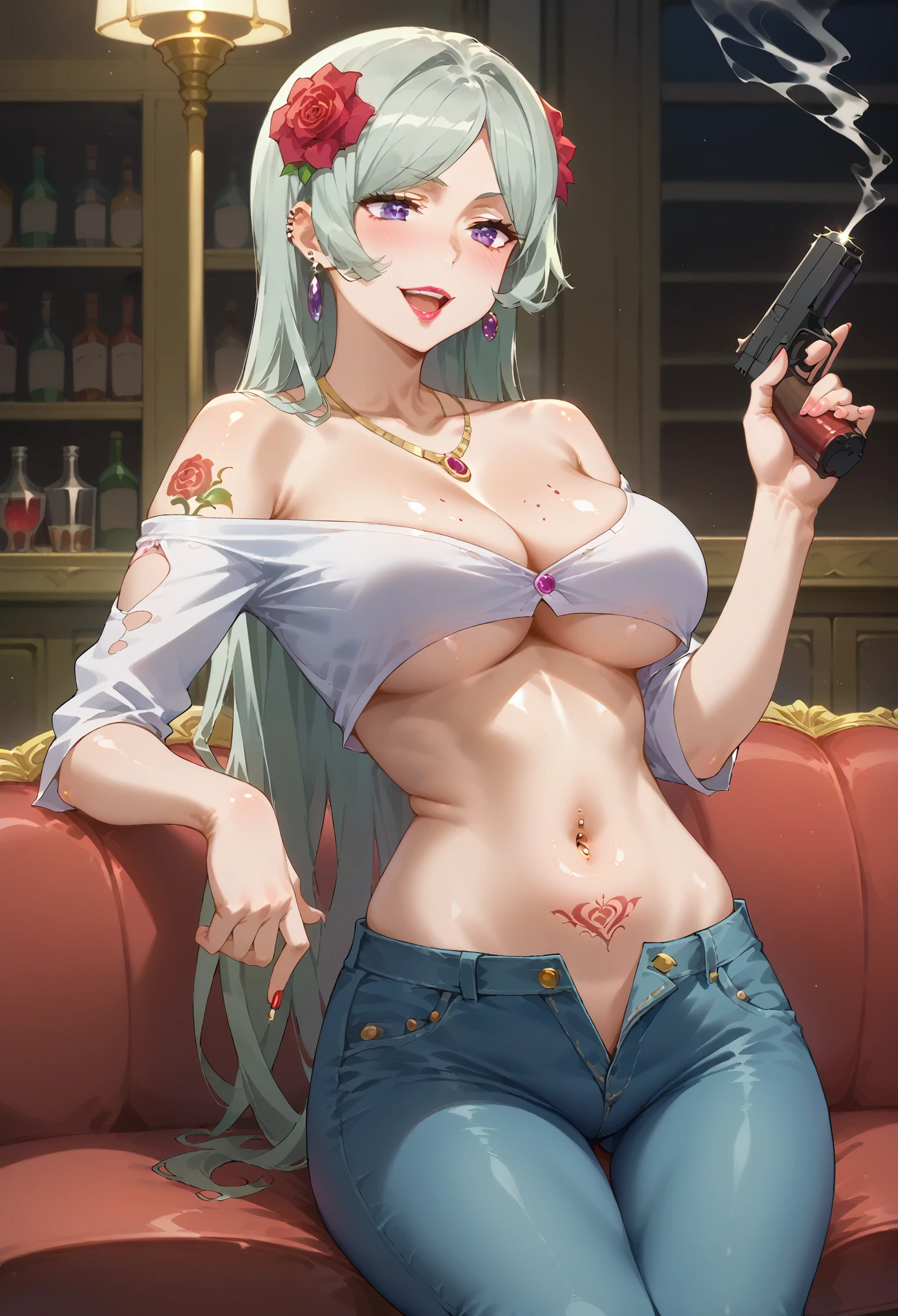 freya, purple eyes, ear piercing, long hair, blush, lipstick,Hot girl, baddie, smoking, sensual, attractive ,bar background, inside bar,indoors,masterpiece,high quality,4k, bare
shoulder,belly,crop top,holding pistol,cleavage, unbuttoned shirt,shirt, knot, indoor,smile, open
mouth, (nsfw) not safe for work, evil expression, exposed belly, exposed navel, exposed midriff,
exposed lower belly, crop top overhang, underboob,jacket, unbuttoned jeans , low rise black jeans,
Low rise jeans, Low rise jeans with open fly,, holding pistol, tattoo on body, tattoo midriff, rose tattoo, navel piercing, shiny skin