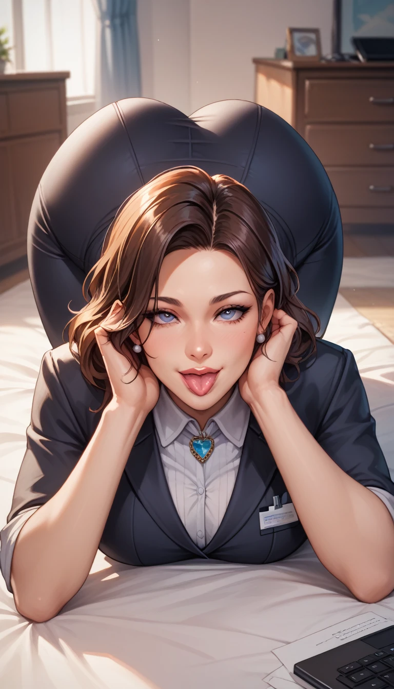 safe_pos, (score_9, score_8_up, score_7_up), source_anime, 1girl, solo, detailed eyes, beautiful, g0thicPXL, Expressiveh, dynamic pose, large breasts, business woman sucks a rubber dildo, sucks on dildo, modern, office outfit, office, anime style, slutty, pretty face, close-up