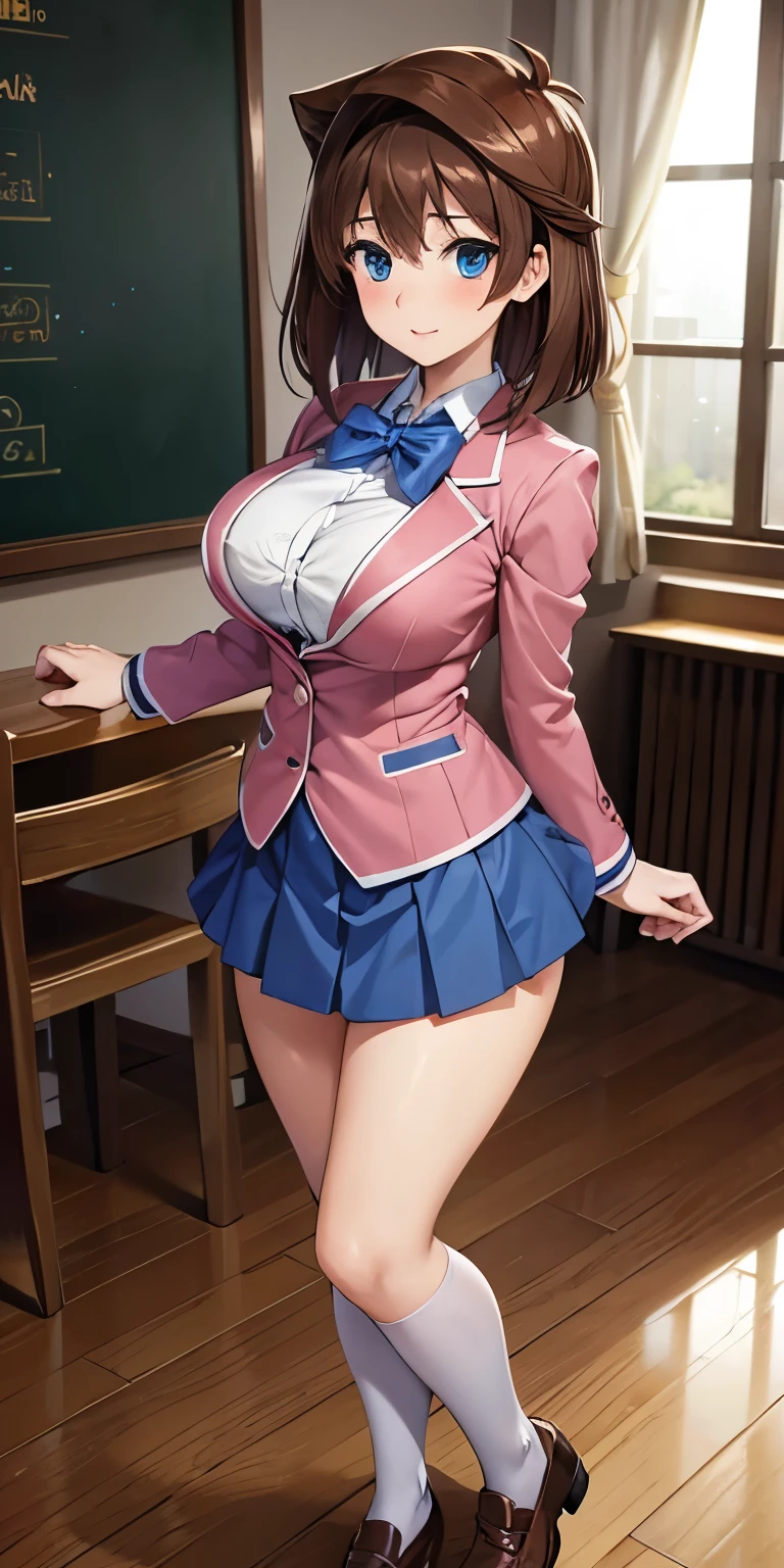 Juna Crawford, poneyTail, Green eyes, Big breasts,Blue blazer with pink hair,Blue waistcoat, a blue skirt,Red Ribbon, knee boots, (((Exposed yellow panties))), A smile, embarrassed from, Adults, School, from below looking up, ((tucking up the skirt)), ((Sheer panties)),