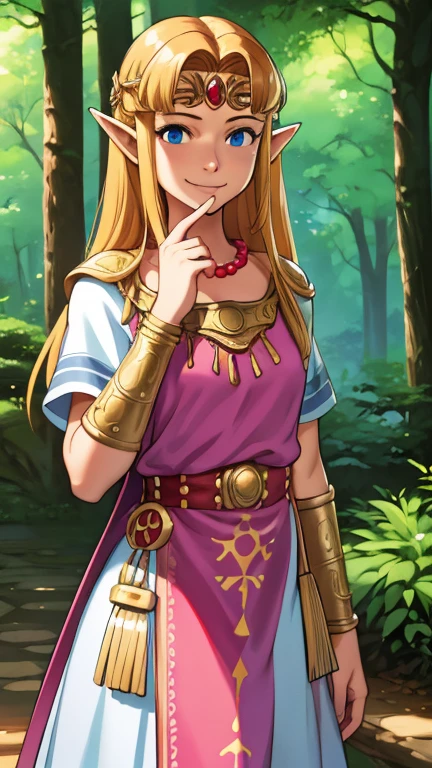 (1girl, zelda-albw), (extremely detailed CG unit 8k wallpaper),(master part), (best quality), (ultra detail), (best illustration),(comic lo takamichi style), cowboy shot, standing, facing viewer, looking at viewer, perfect face, perfect eyes, perfect fingers, perfect hands, (Sharp eyeliner, ombre, detailed eyes:1), (digital art), forest, outdoor background, break , upper body, solo, smile, dress, tiara, jewelry, bead necklace