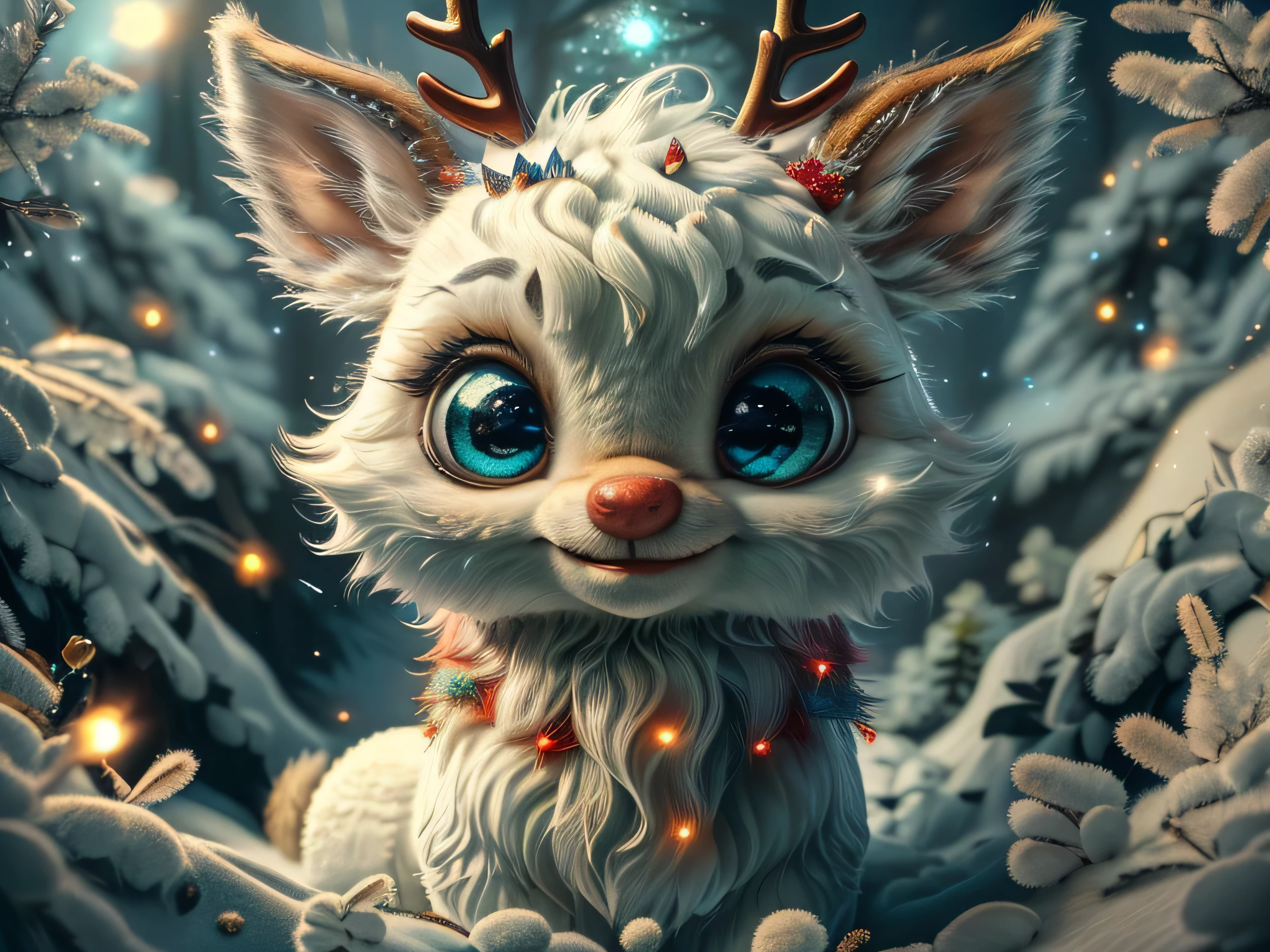 Magical Fantasy Creature, (Best Quality, Masterpiece, Representative Work, Official Art, Professional, Super Detailed, 8k:1.3), (Photorealism:1.2) Super Cute, Big Eyes, Soft, Soft Nose, Fluffy, Double-Toothed Smile, Aurorastyle, Highly detailed Dynamic shot of majestic adorable baby reindeer, high quality, beautiful masterpiece, fantasy creature, kawaii, digital art, glowing sparkles, Realistic, Beautiful, Stars in Eyes, Soft Volumetric Light, (Backlight:1.3), (Cinematic:1.2), Intricate Details, (ArtStation:1.3), --auto --s2