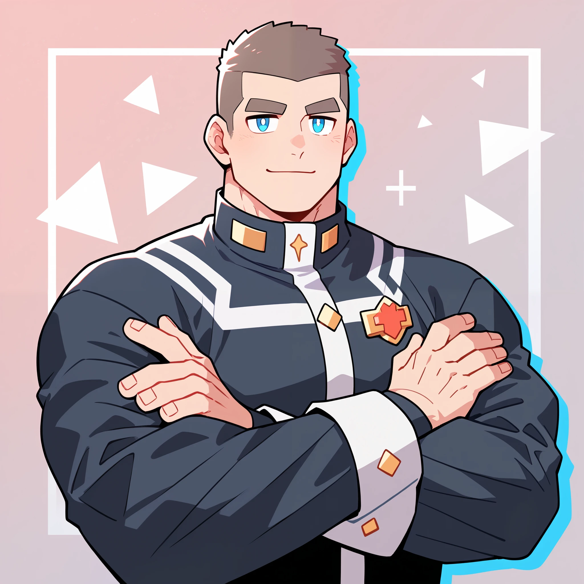 anime characters:Gyee, 1 muscular tough guy, Manliness, male focus, Buzz cut, black long sleeve and turtleneck outfit, black clothes, black boots, cargo pants, The pectoral muscles are oversized, muscular male, muscular, only, Upper body, alone, light brown short hair, Thick light brown eyebrows, light cyan eyes, classroom, janela no fundo, amazing quality, best aesthetics, light smile, cute, with arms crossed, bright pupils, crew cut, blush, drop shadow, wet body, best quality, masterpiece
