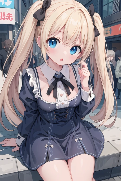 masterpiece, Highest quality, (anime screencap:1.3),(shape), cute,(Simple:1), (anime:1.2),Solo Sharp Focus, 1 Girl, Looking at the audience, Japan,akihabara,city,Blonde,((mini skirt)),Are standing, Twin tails,summer ,((Black Gothic Costume)),Red ribbon,Gothic,,Black Lolita Fashion,Gothic Bonnet,Hair Ribbon,Cowboy Shot,Daytime,,,Large Breasts,,(Absolute region 1.1),(Braided Boots 1.1),Browsing Caution,