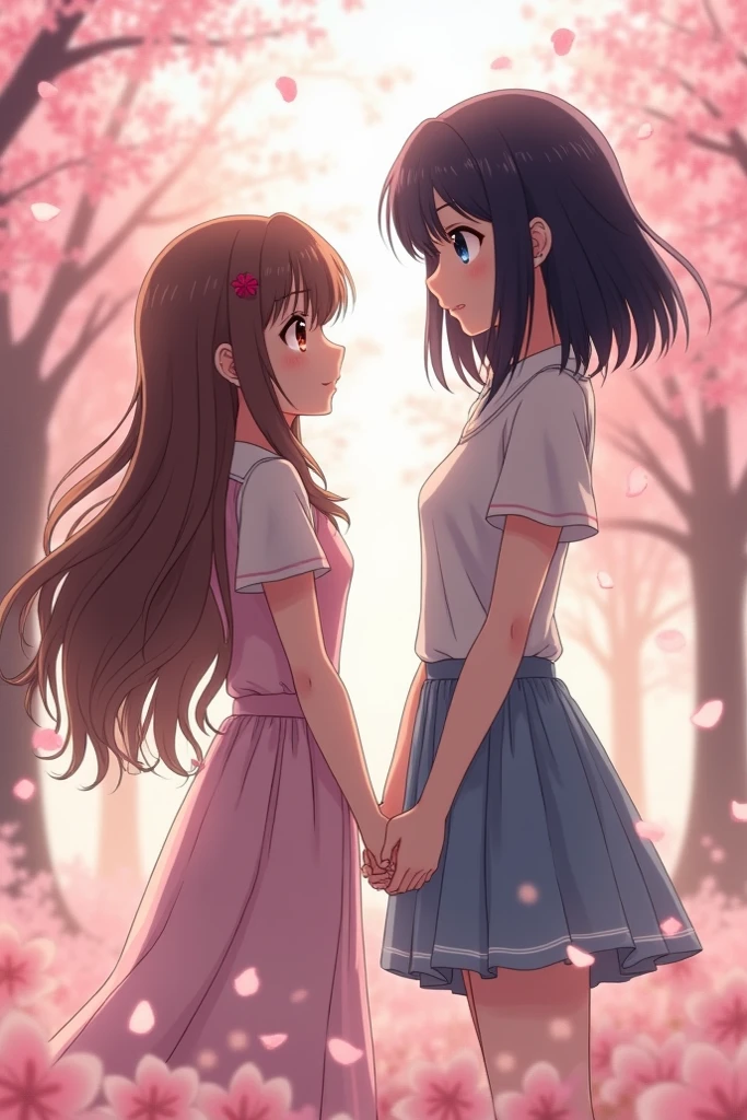 Japanese female college student hugging a blushing Japanese female high school girl from behind