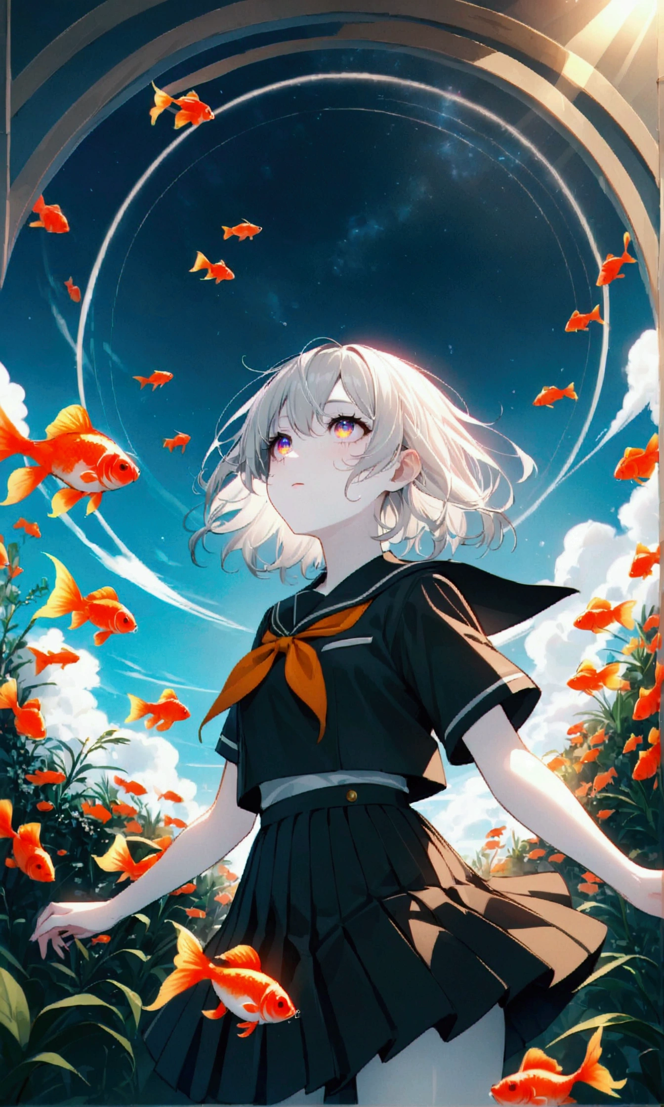 Star ,Stargazer, 1girl in, Cute, Water, Smile, Asian, Face seen from the side, Fish, Orion, flowingwater, divine ,White hair , dutch_Angle, up looking_Down, Thick_thighs thighs thighs thighs, Short hair, Parted bangs, Hair pulled back, Grey Hair, doyagao, Red Eyes, Bracelet, vests, spark of light, Beautiful and detailed bubbles, Deep sea background,
