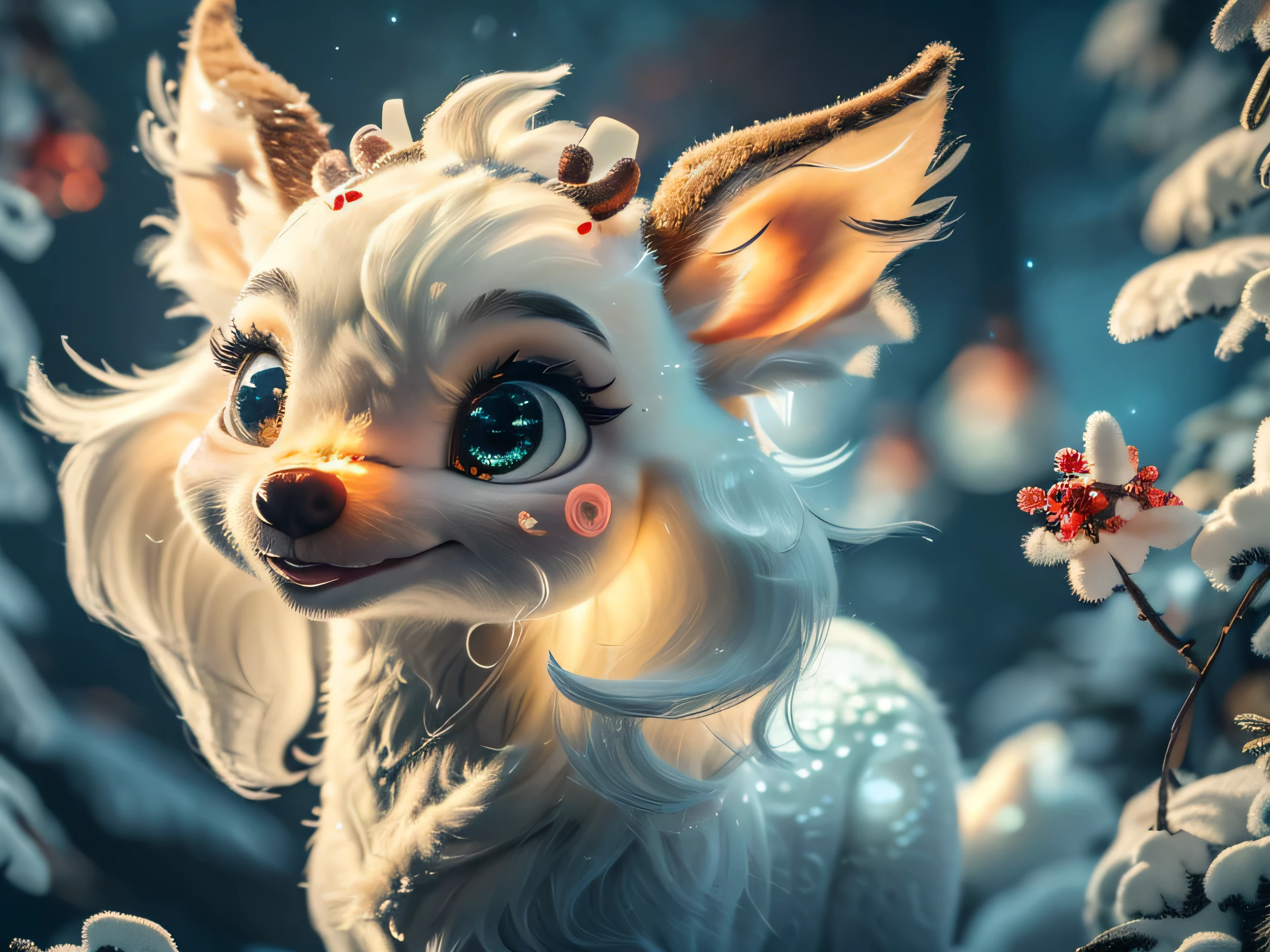 Magical Fantasy Creature, (Best Quality, Masterpiece, Representative Work, Official Art, Professional, Super Detailed, 8k:1.3), (Photorealism:1.2) Super Cute, Big Eyes, Soft, Soft Nose, Fluffy, Double-Toothed Smile, Aurorastyle, Highly detailed Dynamic shot of majestic adorable baby reindeer, high quality, beautiful masterpiece, fantasy creature, kawaii, digital art, glowing sparkles, Realistic, Beautiful, Stars in Eyes, Soft Volumetric Light, (Backlight:1.3), (Cinematic:1.2), Intricate Details, (ArtStation:1.3), --auto --s2