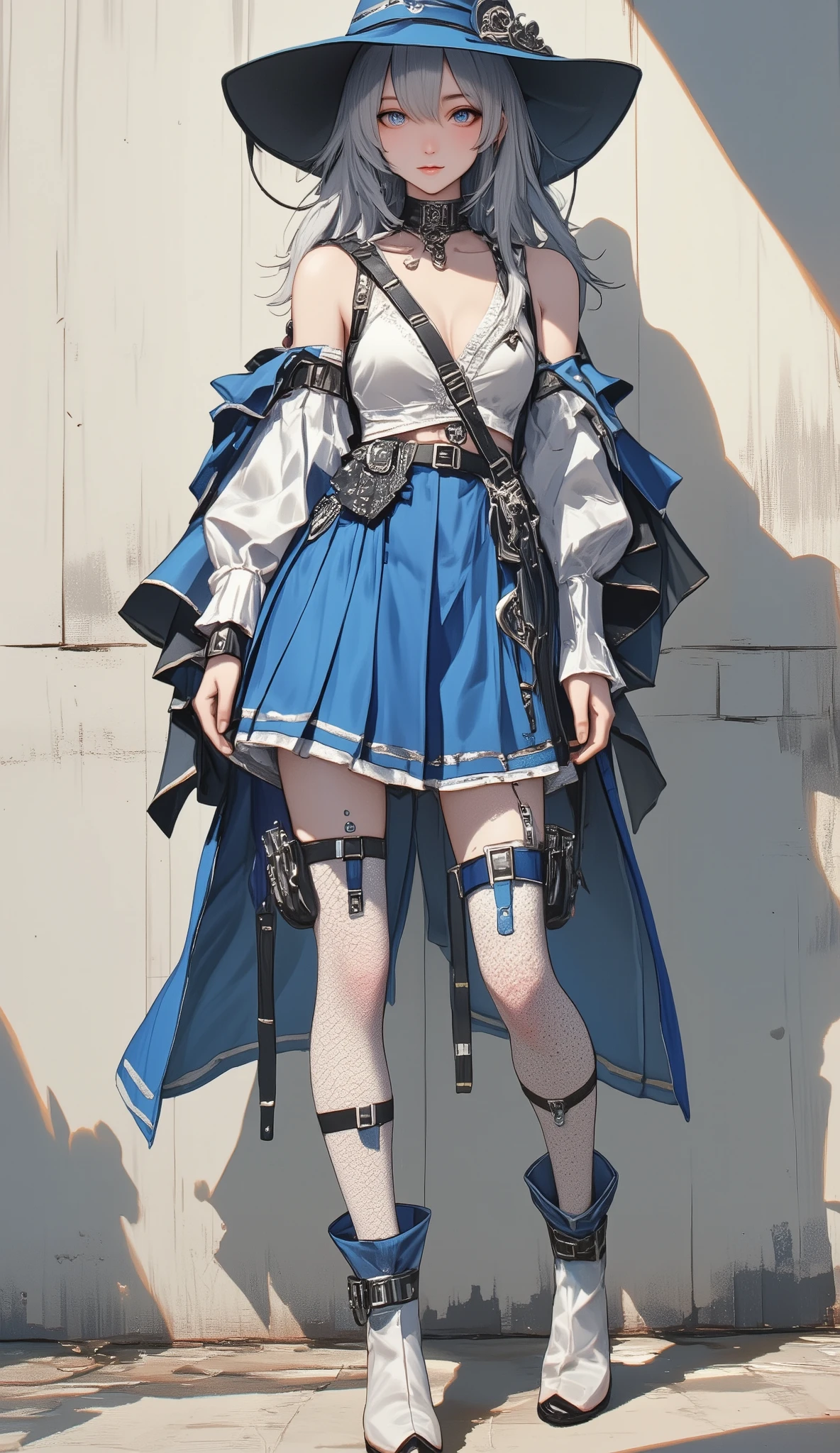 There is a woman standing in front of a wall,  created in an anime artist studio,  multi-layered outfits , Guweiz-style work ,  Anime Style  3d, Costume Design,  Anime Style  digital art,   fleet collection style ,  Anime girl in blue dress and white top painted by anime painter studio,  anime style, フイルムと混ぜた Anime Style , Anime set style,  Anime Style 